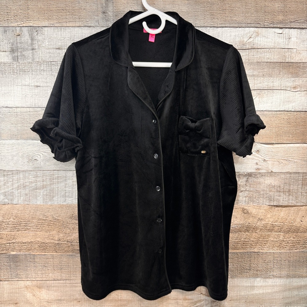 Betsey Johnson Velvet Pajama Top Black Ruffle Sleeve Bow Pocket XL